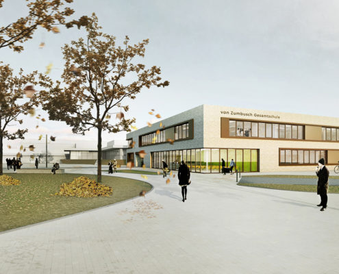 Von-Zumbusch-Gesamtschule Herzebrock Clarholz Außenperspektive, SSP Architekten Bochum, Integrale Planung