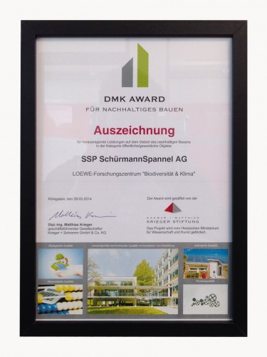 Urkunde Auszeichnung - DMK AWARD für nachhaltiges Bauen 2014
