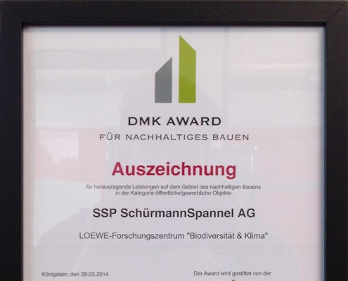 Urkunde Auszeichnung - DMK AWARD für nachhaltiges Bauen 2014