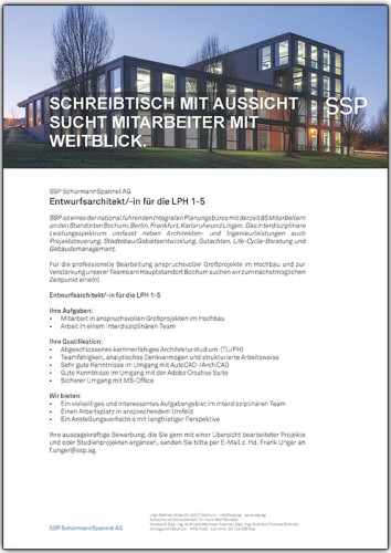 Stellenausschreibung Architekt Entwurf SSP Architekten Bochum Dezember 2015